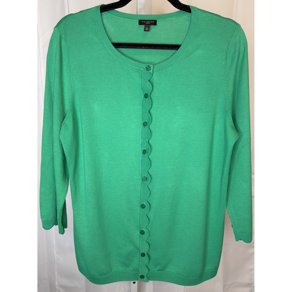 Talbots Petites Cardigan Womens LP Green Scalloped Trim 3/4 Sleeve Sweater
